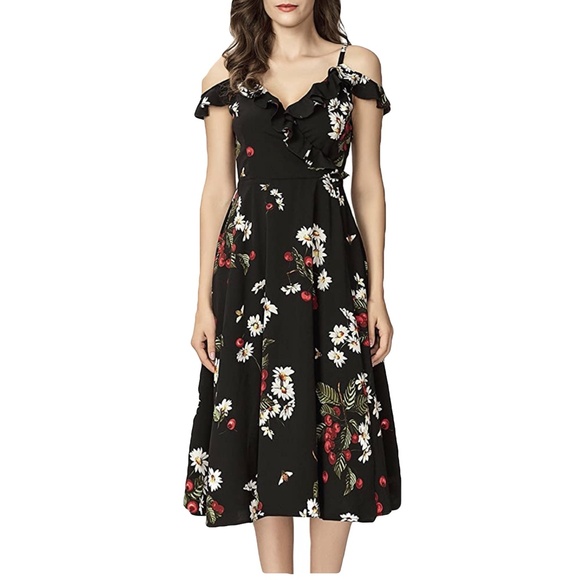 BLACK FLORAL CHIFFON MIDI DRESS - Picture 5 of 8
